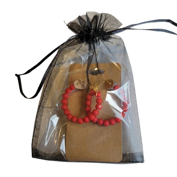 Red Beaded Hoop Earrings Gold Tone Latch Back 1.5" NWT Boho Statement 1980's - Picture 7 of 7